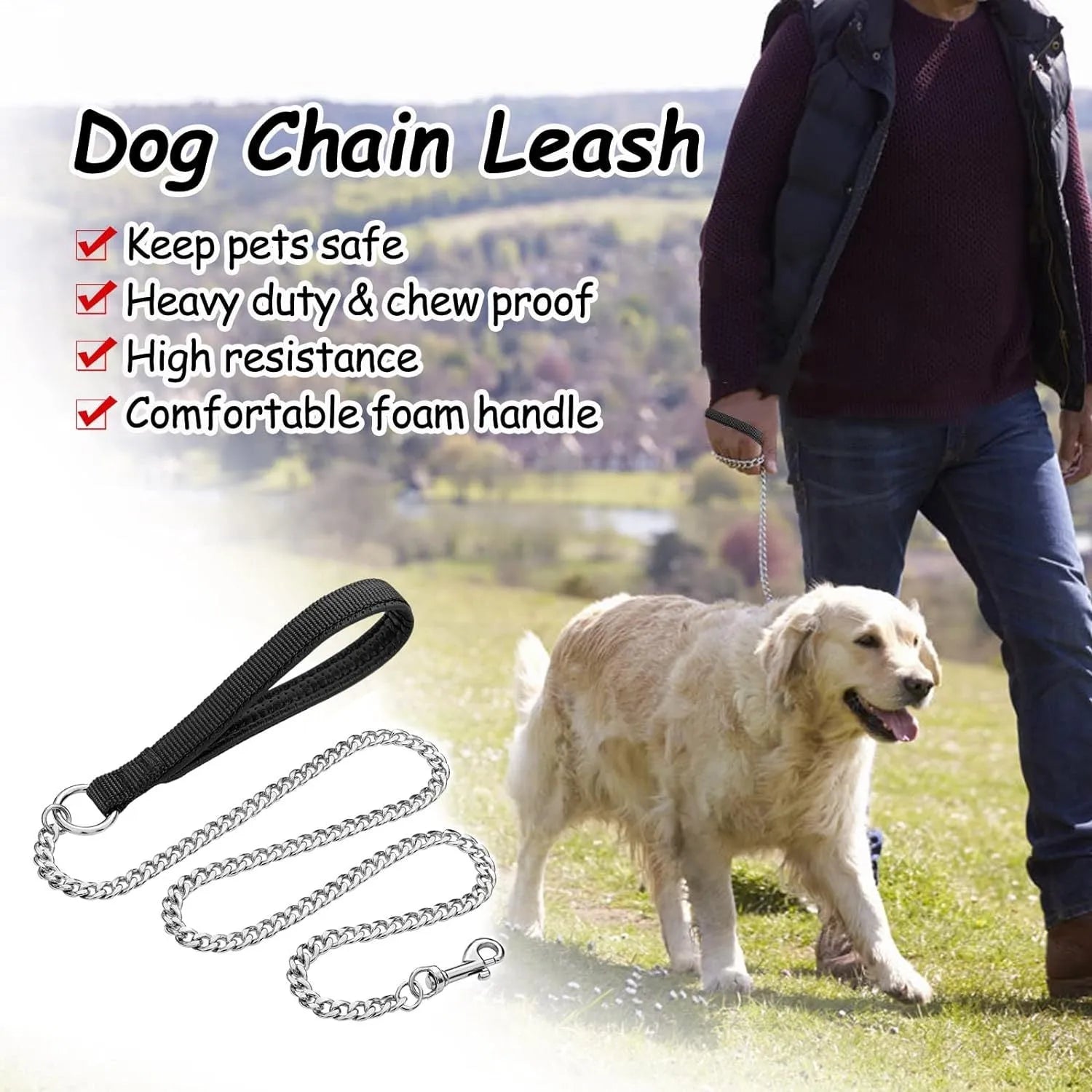 Heavy duty metal chain dog leash with a soft black padded handle, shown with a red colour option.