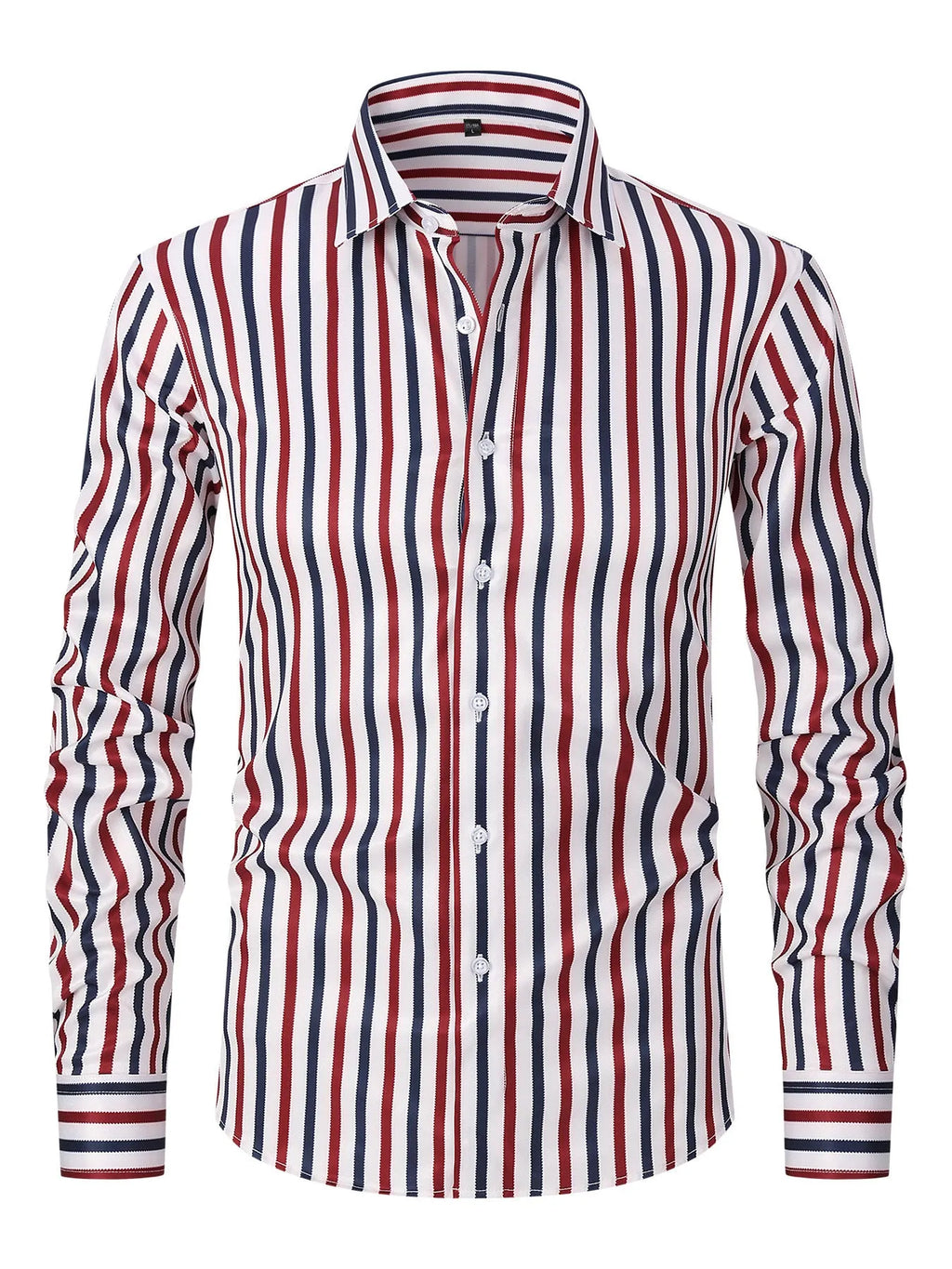 Men's slim fit striped long sleeve business shirt in a polyester blend fabric on a hanger.