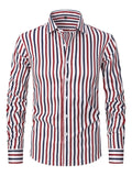 Men's slim fit striped long sleeve business shirt in a polyester blend fabric on a hanger.