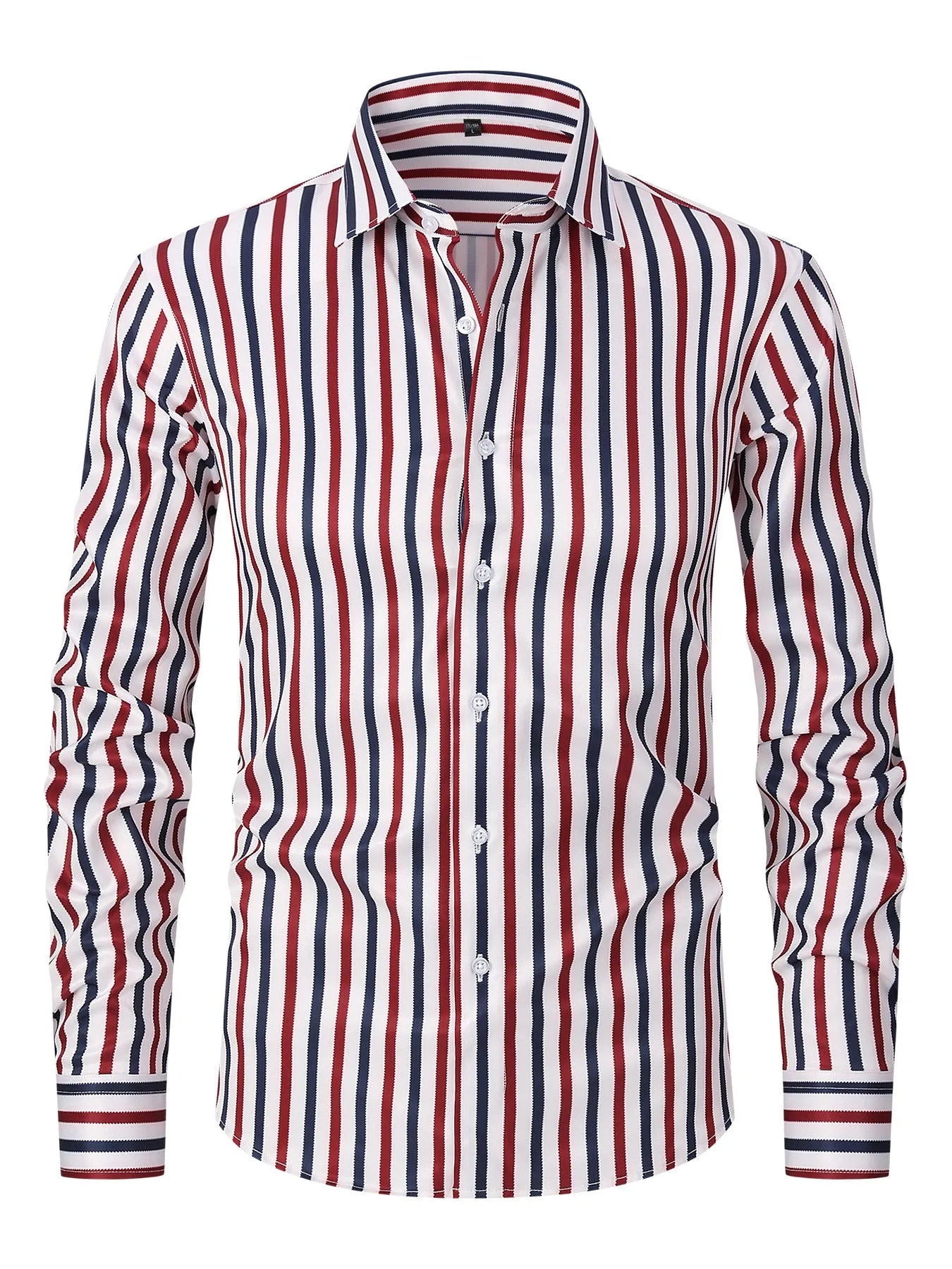 Men's slim fit striped long sleeve business shirt in a polyester blend fabric on a hanger.