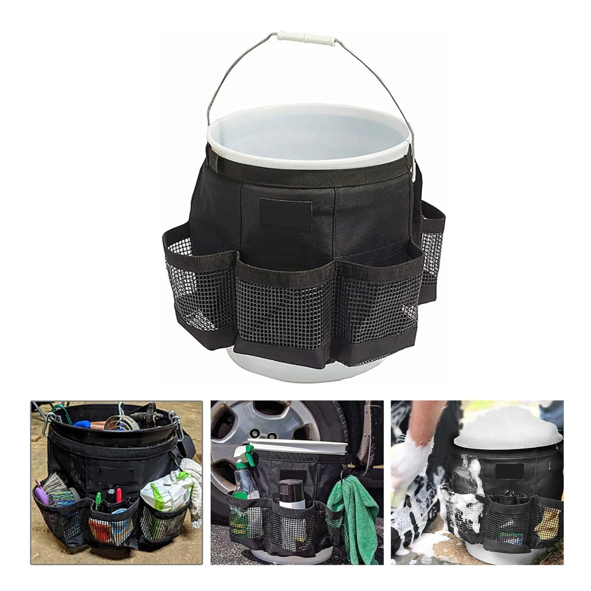 Black polyester cylindrical hanging storage bag designed for 5 gallon barrels