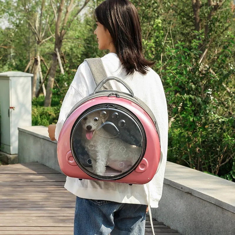 Transparent space capsule style pet carrier bag for cats in a metallic colour with a front shell cover.