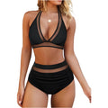Women's black polyester bikini swimsuit top and briefs laid flat