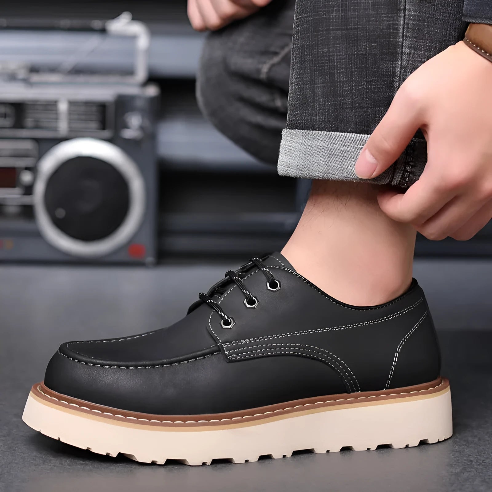 Men's black retro Martin boots with a round toe and rubber sole on a neutral background.