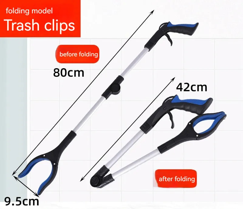 Foldable aluminium alloy garbage clamp with magnet sucker, extended to 80cm with blue handle