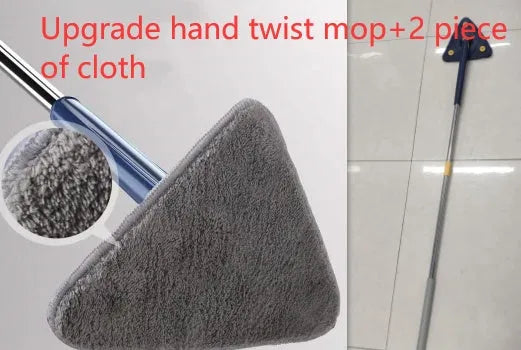Blue triangle cleaning mop with rotating head and extendable stainless steel pole