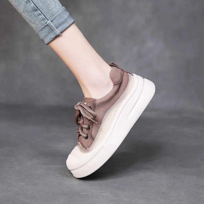 Women's yellow leather lace-up casual shoes with round toe and rubber sole