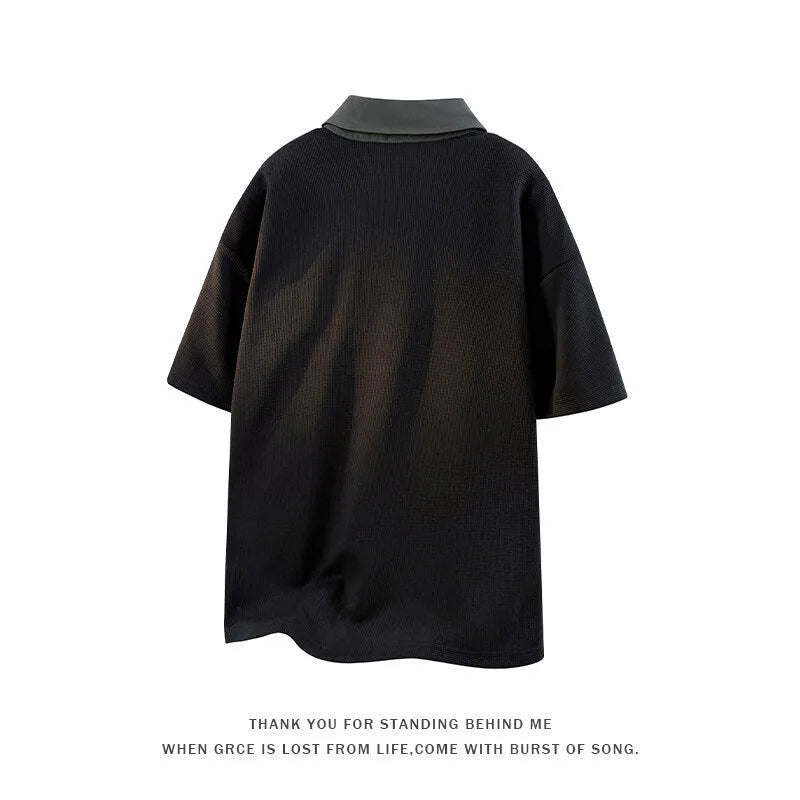 Men's black thin spandex polo sweater featuring a heavy Henry collar and short sleeves.