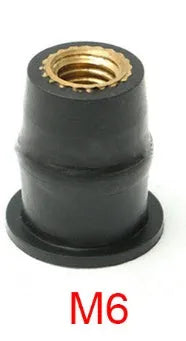 Black rubber well nut fasteners with brass inserts for motorcycle windshields, M4 M5 M6 sizes.