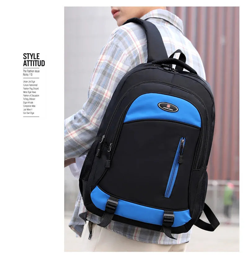 Waterproof nylon high school backpack with airpillow straps in black, blue, gray, and red colour options
