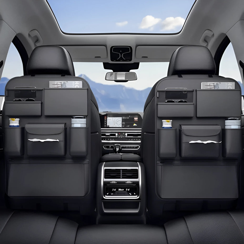 Black leather hanging storage bag for the back of a car seat