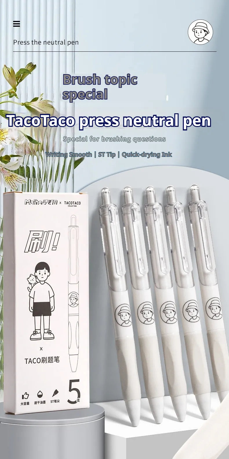 Five black ballpoint pens with 0.5mm tips arranged together