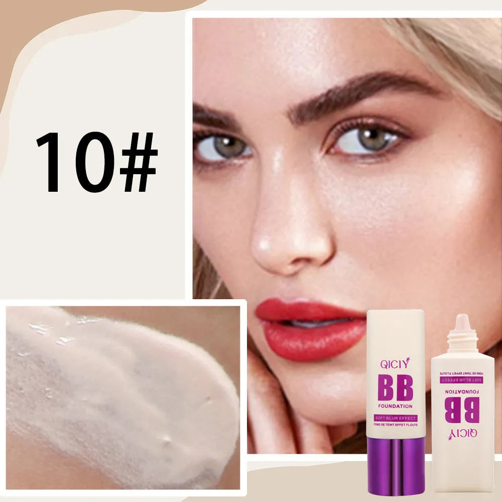 Squeezable plastic bottle of brightening BB cream liquid foundation in one of ten available shades.
