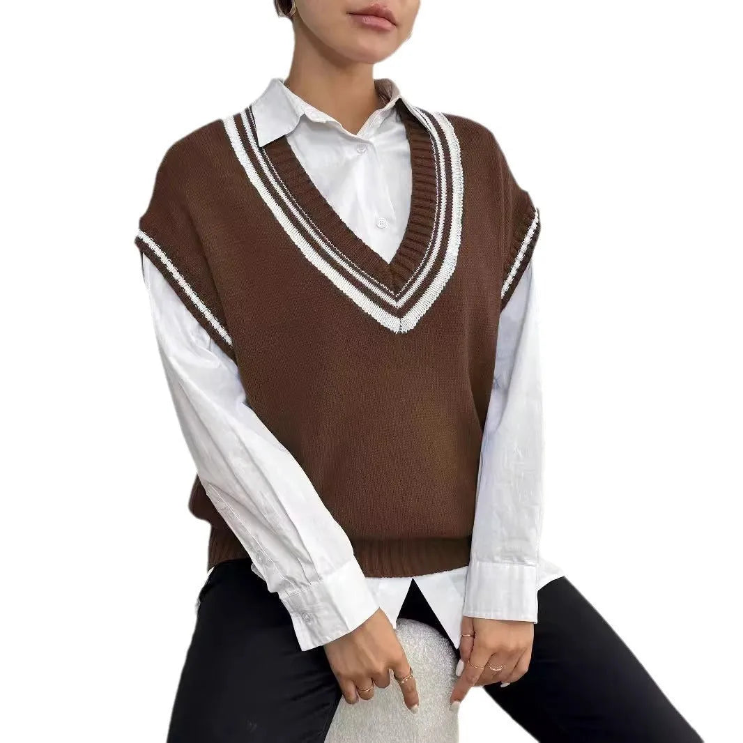 Women's casual loose-fit acrylic blend vest sweater in black, blue, or coffee colour.