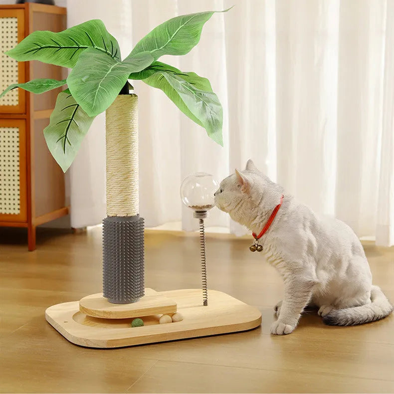 Wooden cat scratching post in canna colour with grab column food drop ball chamfering details