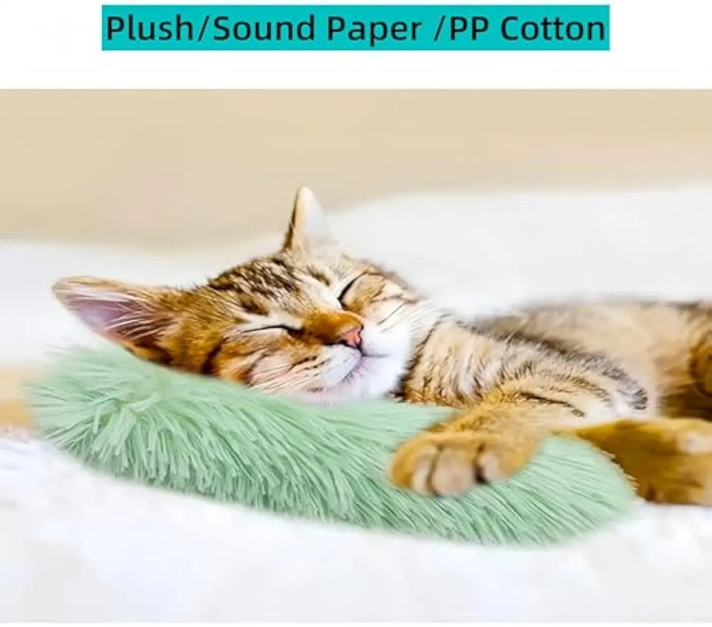 Set of four colourful plush cat toys with catnip and crinkle sound for indoor play.
