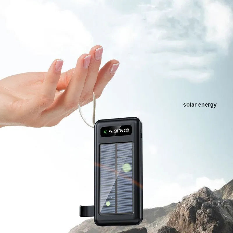 Solar power bank portable charger in black or white with built-in solar panel and high 20000mAh or 30000mAh capacity