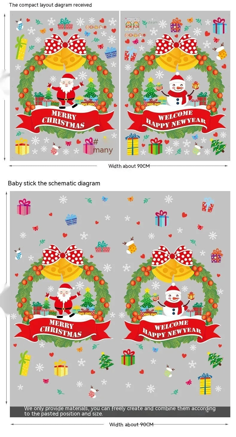 Two large colourful cartoon Christmas static cling wall stickers on a glass window