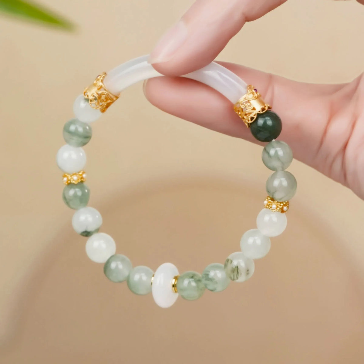 Emerald green Tian Shan Cui jade half bracelet with round beads and traditional national style design