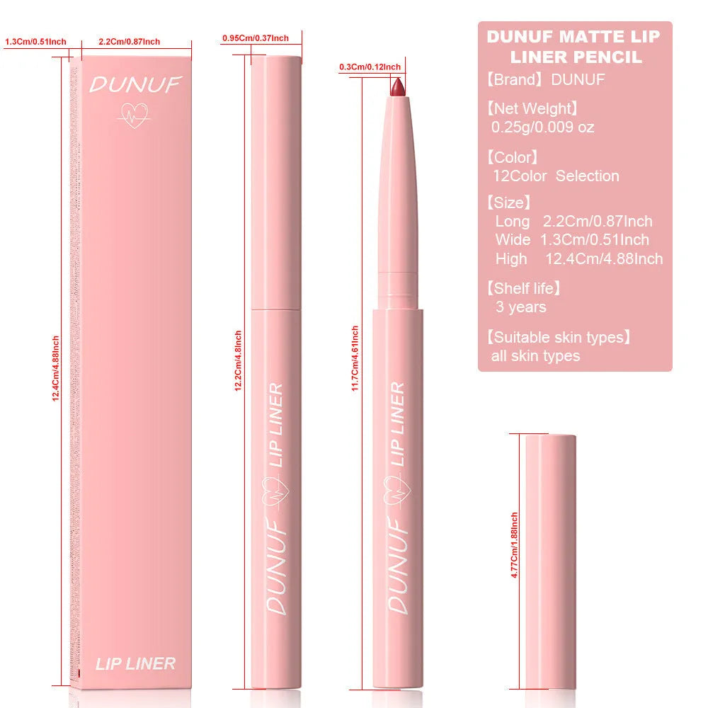A single velvet matte lip liner pencil shown with a selection of its 12 different colour shades.