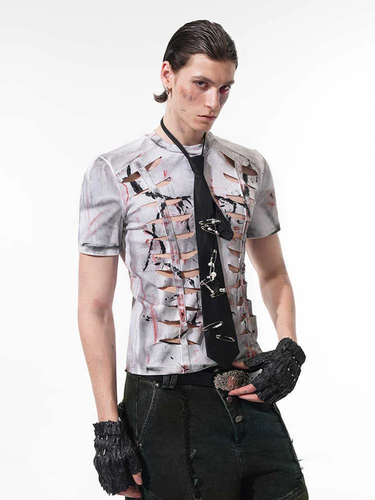 Men's white cotton T-shirt with cut hollow-out pattern on short sleeves