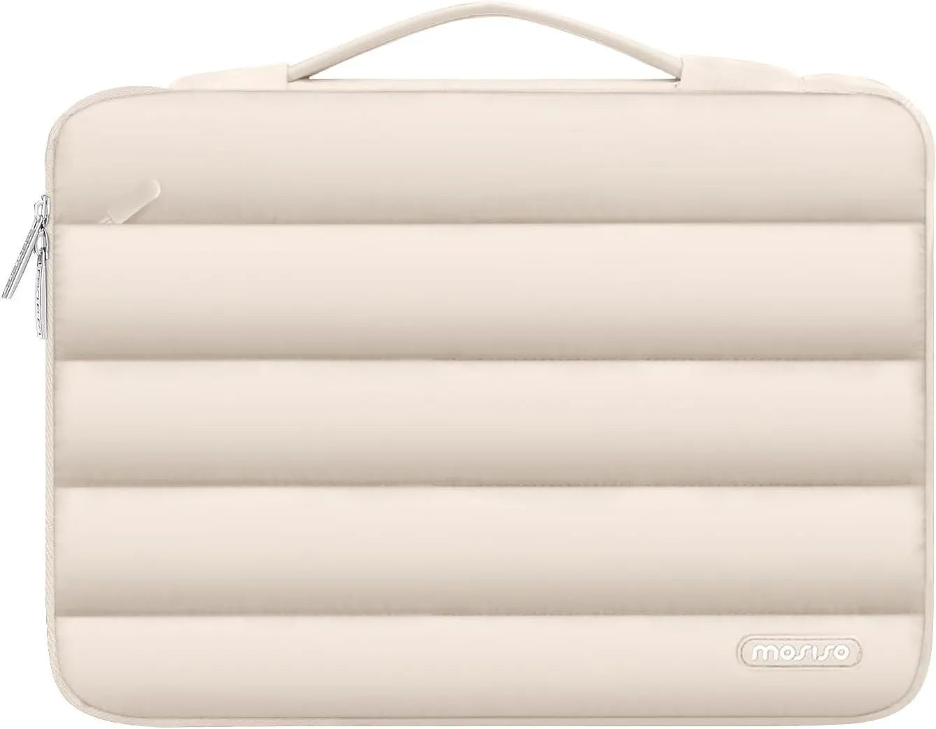 Velvet laptop bag in sand colour with plaid pattern, suitable for a 13.3-inch or 15.4-inch device.
