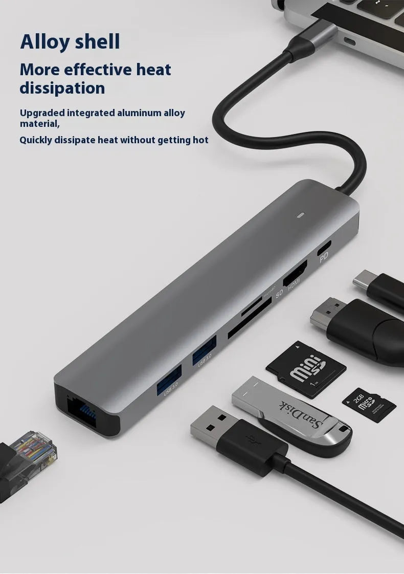 7-in-1 USB-C hub with SD card reader, MicroSD slot, HDMI port, USB 3.0 ports, and PD charging