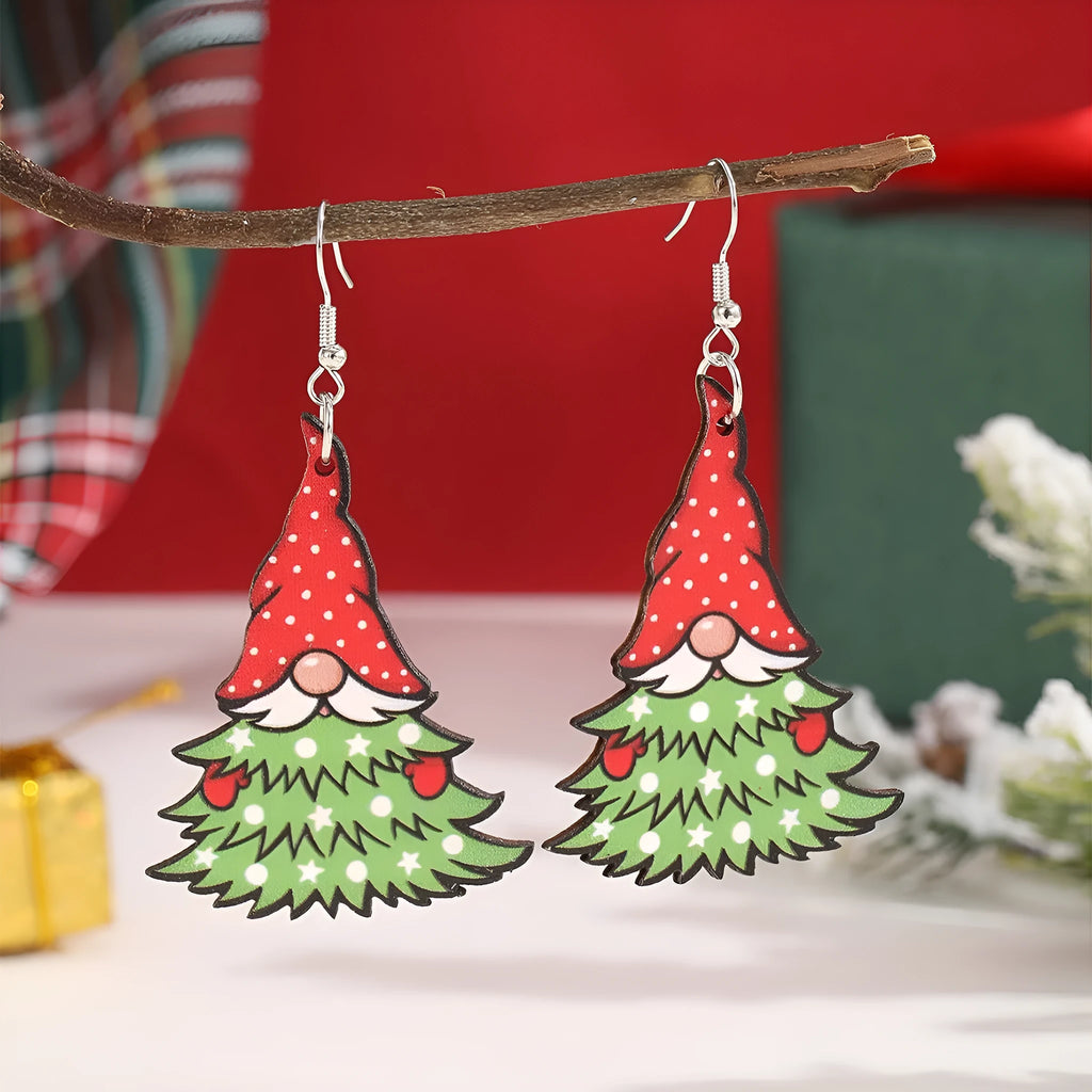 Wooden Christmas earrings with printed Santa Claus designs in Christmas Tree and Snowman styles