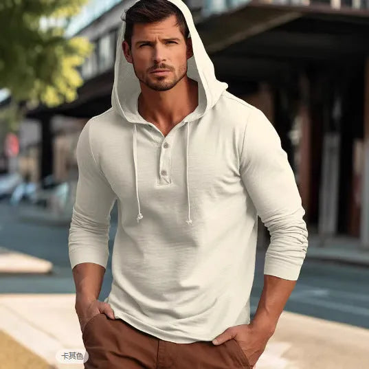 Long sleeve cotton pullover hoodie in dark blue, shown in European/American sizing.