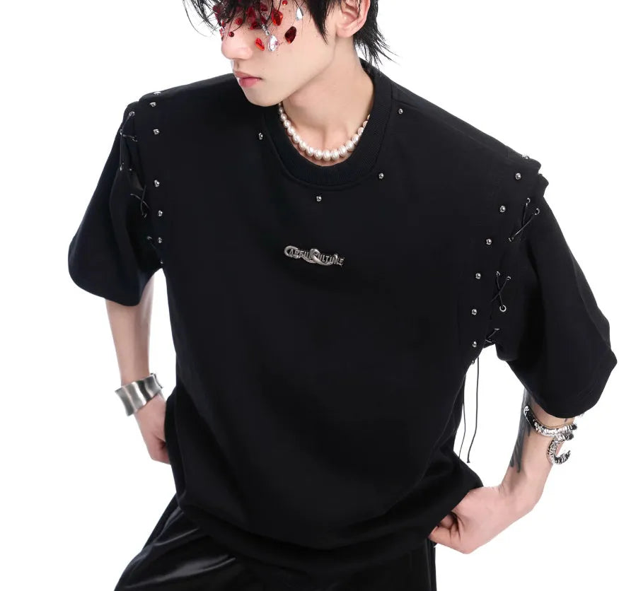 Men's black short sleeve t-shirt with lace-up front detail and cutout side panels