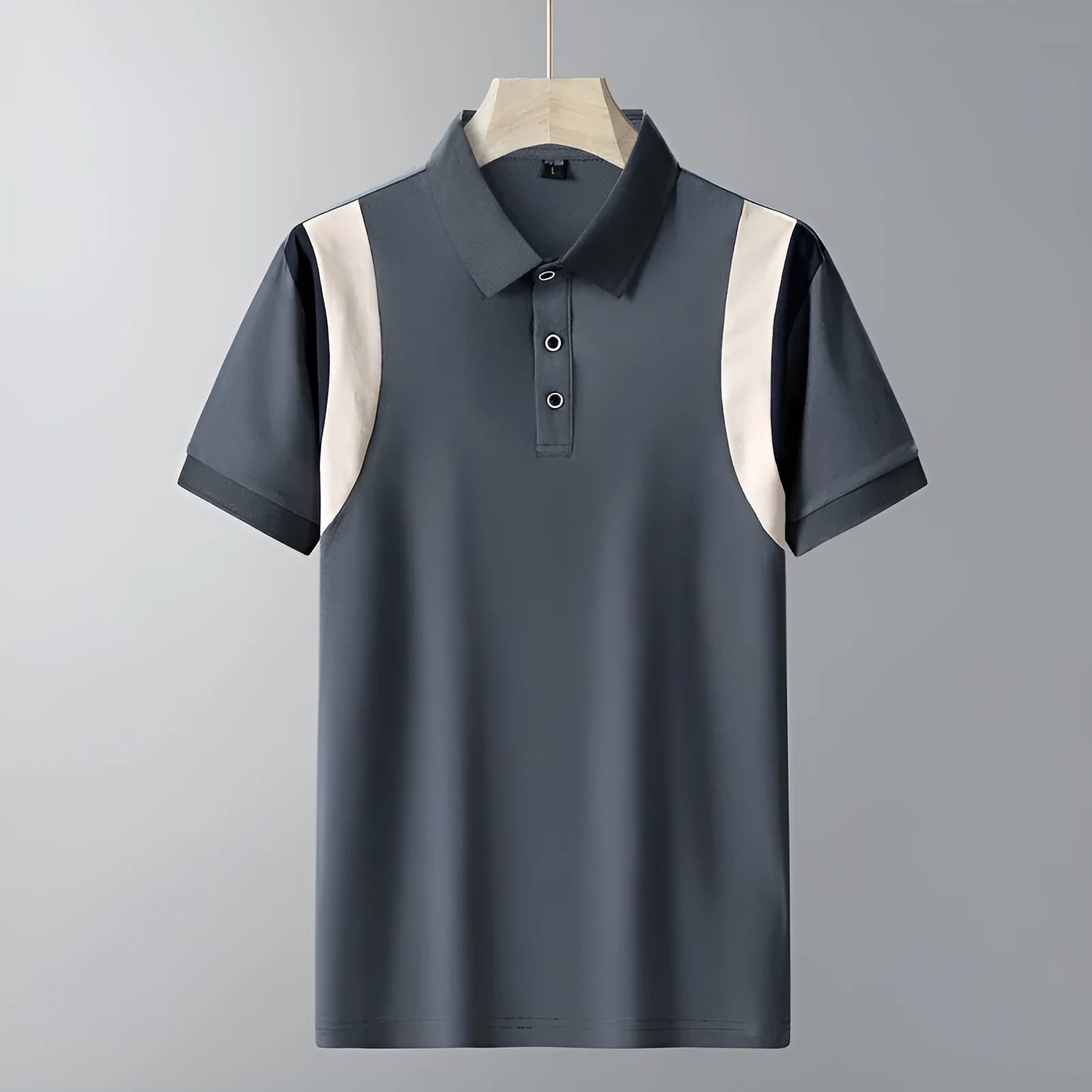 Men's thin striped cotton short sleeve t-shirt with a business lapel collar in a Korean-style loose fit.