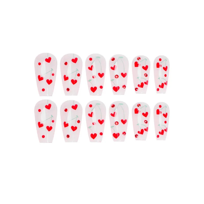 French Love Red Diamond small cherry design press-on artificial fingernails in JP1601 colour, 24 piece set with glue