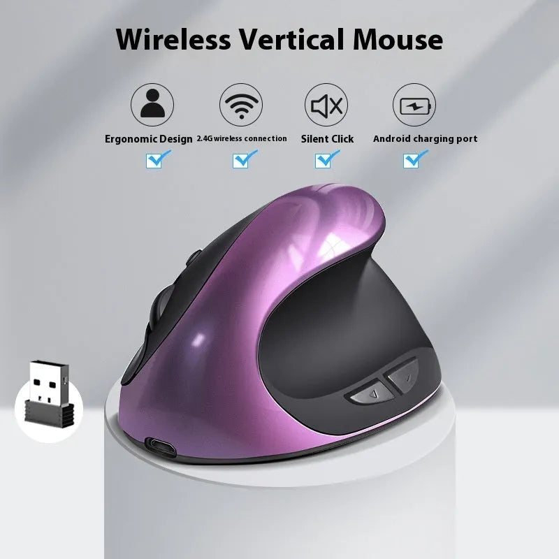 Three Generations vertical ergonomic wireless mouse in black on a laptop desk.