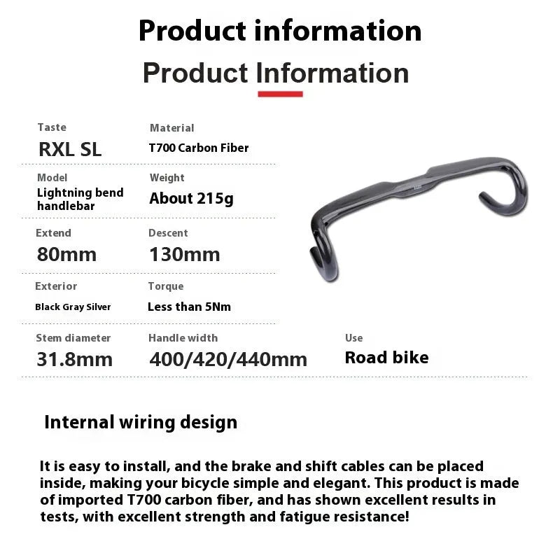 Ultra-light carbon fibre road bicycle drop handlebar in black grey silver, shown in 400mm 420mm and 440mm sizes.