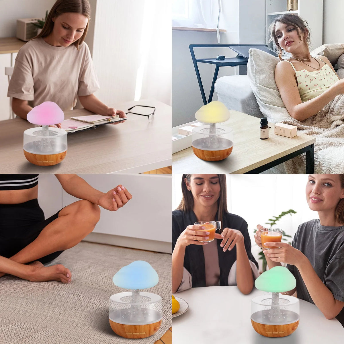 White cloud-shaped humidifier with changing colour lights and water drop display for essential oil diffusion