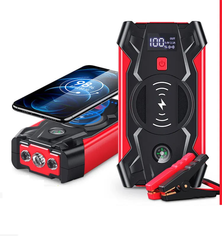 Red 12V car emergency jump starter power pack with battery clips and digital display