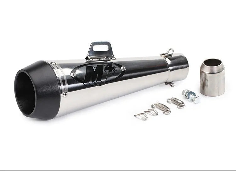 M4 motorcycle exhaust pipe in multiple colour options including black, titanium, and blue finishes