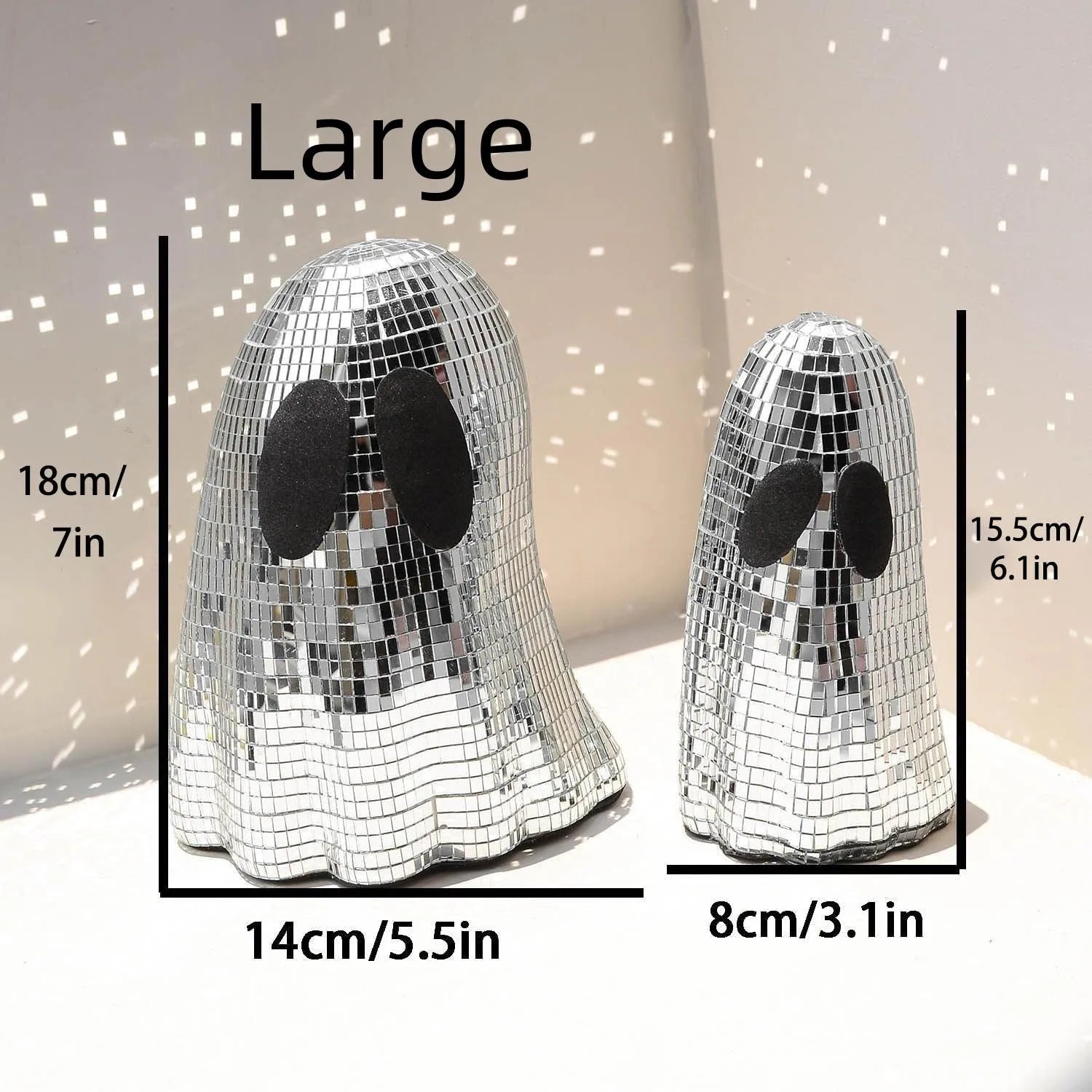 Silver Halloween ghost decoration with mosaic mirror patch design on desktop