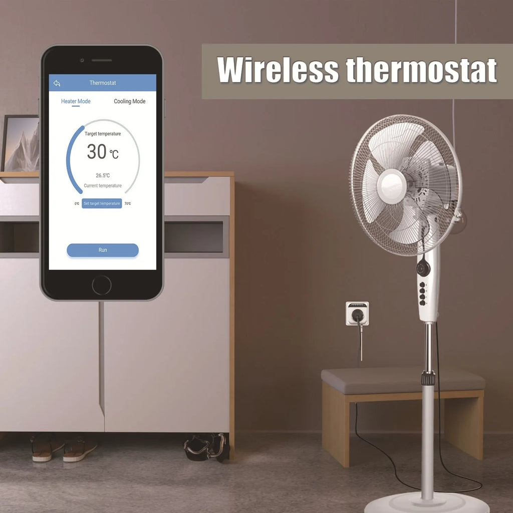 White Tuya smart temperature control socket with US three-prong outlet and a connected temperature sensor probe.
