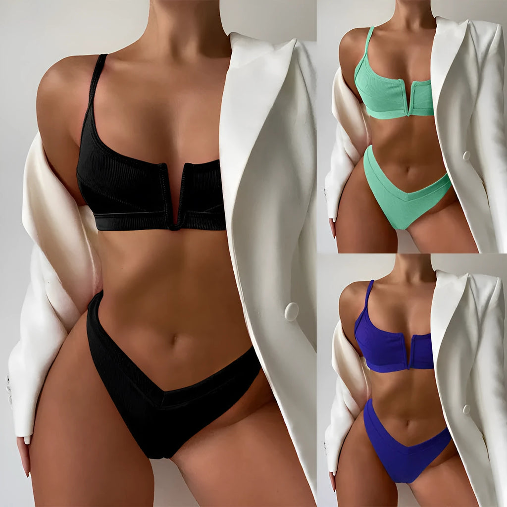 Women's high waist triangle split swimsuit set in multiple colours, showing top and shorts.