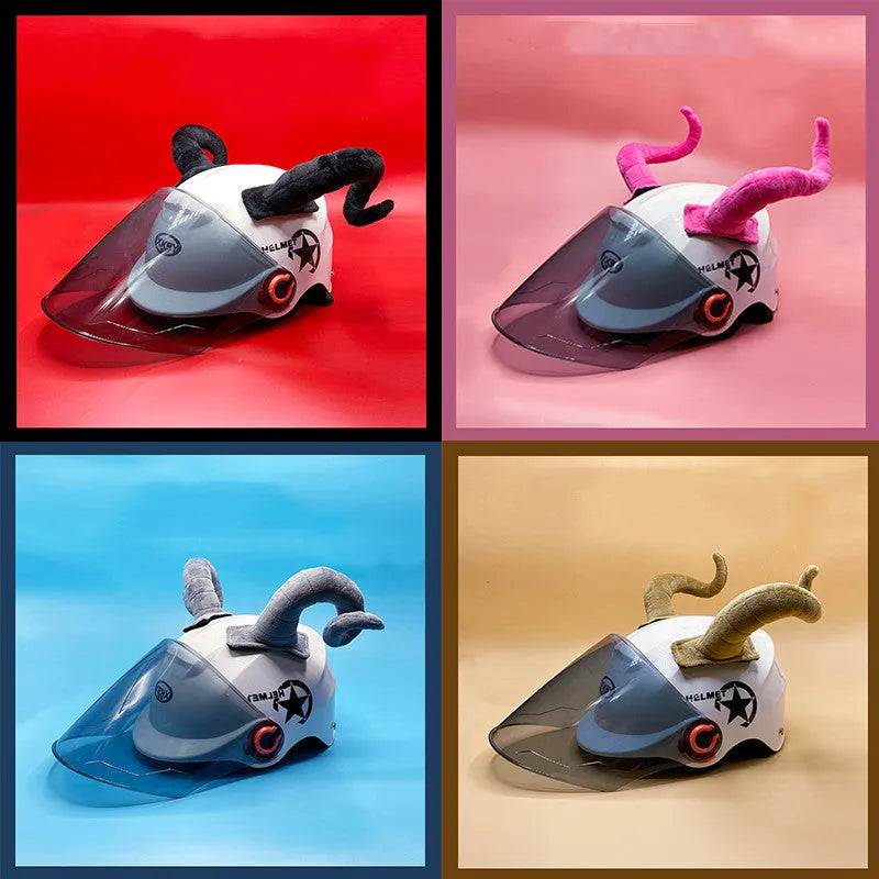 A pair of composite fibre demon horn ornaments for a motorcycle helmet in black, pink, brown, or grey.