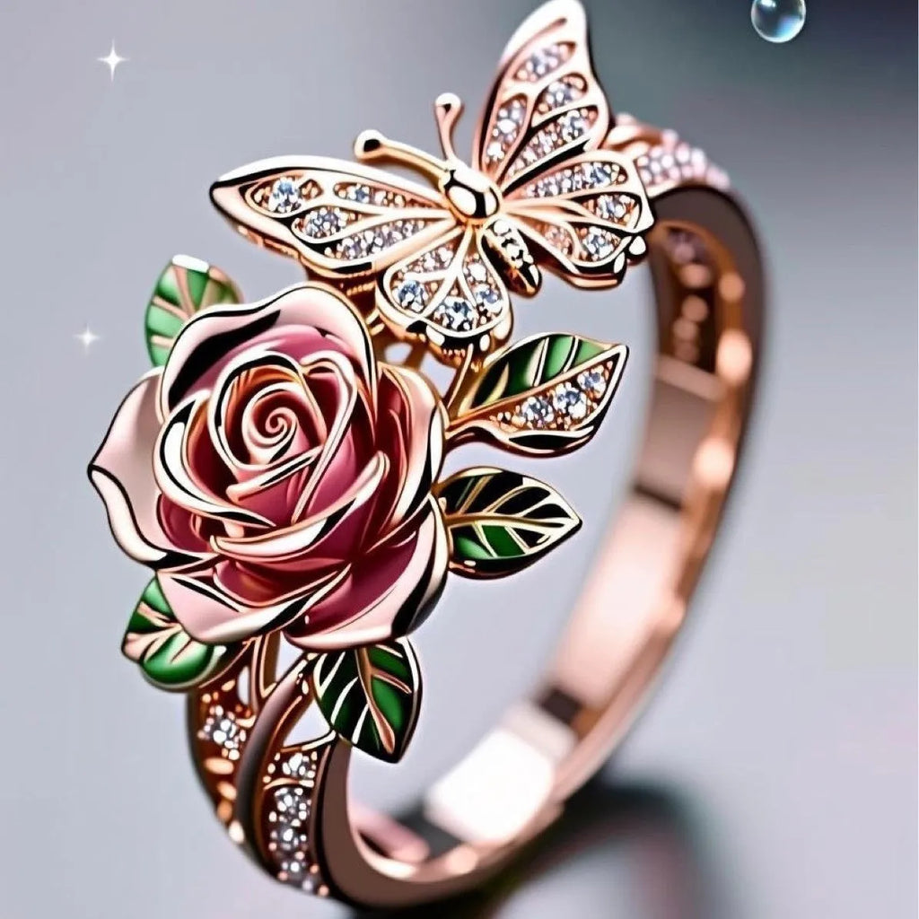 Adjustable fairy style ring with colourful oil-drip finish showing butterfly and rose motifs