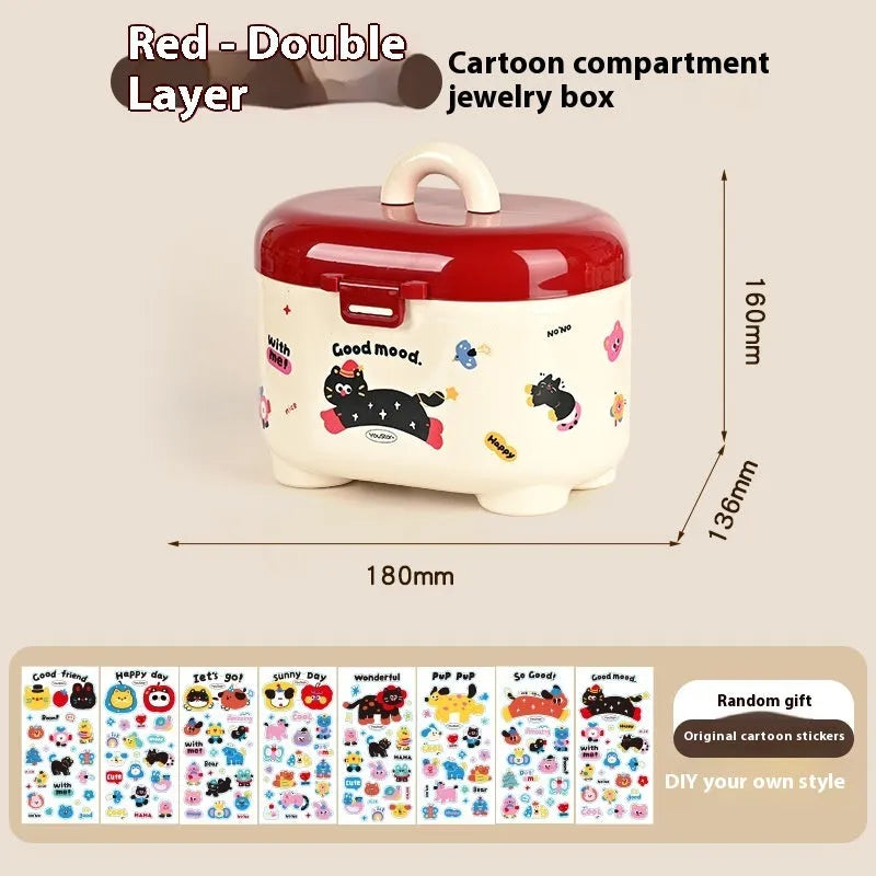 Plastic desktop storage box with cartoon stickers showing 2L capacity for stationery organisation