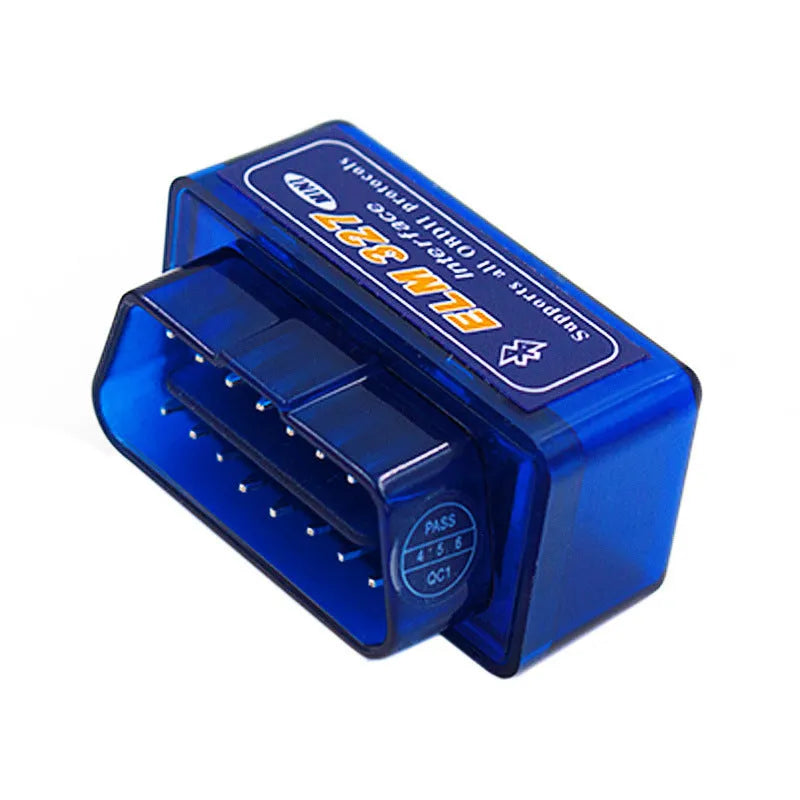 Small blue OBD2 Bluetooth diagnostic scanner with ELM327 chip for reading car engine fault codes