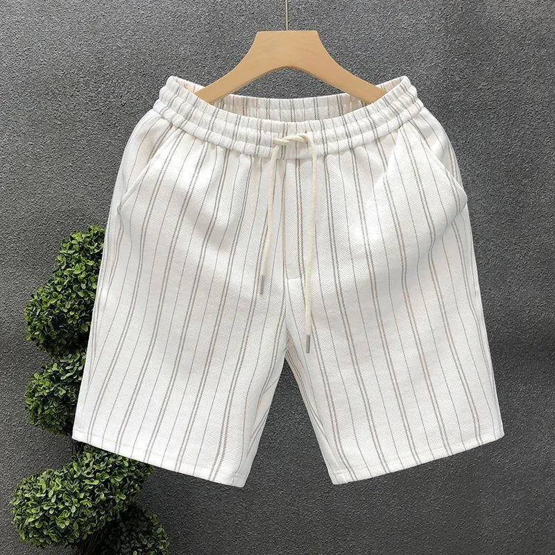 Men's black and white striped casual shorts with fleece lining and double-layer waistband