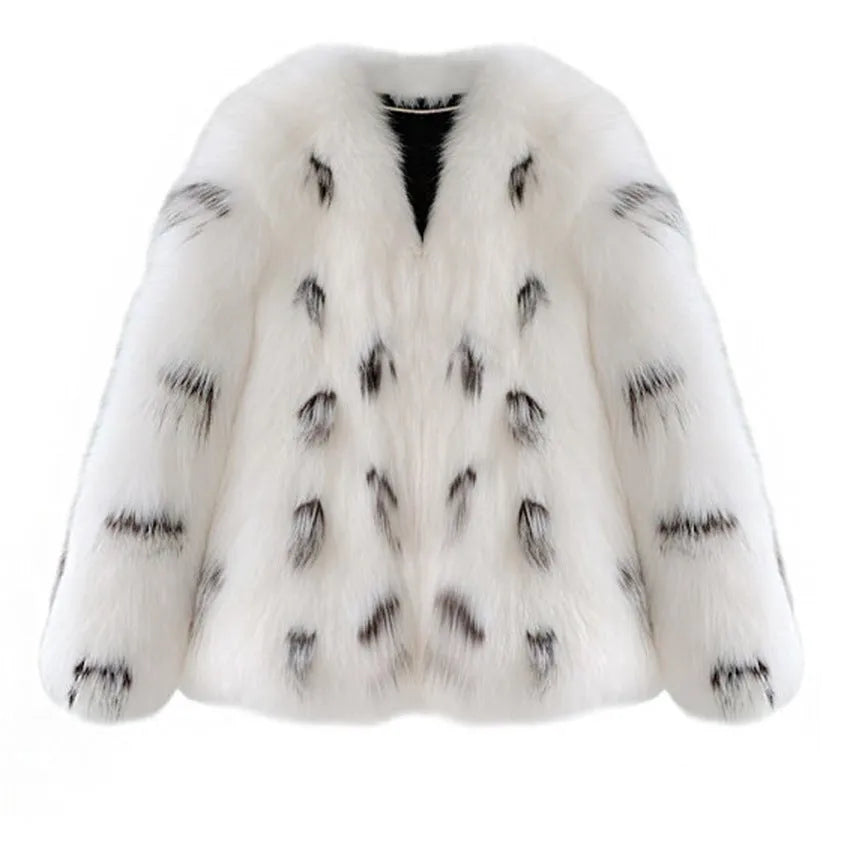 Black and white faux fur women's coat with short length and regular sleeves