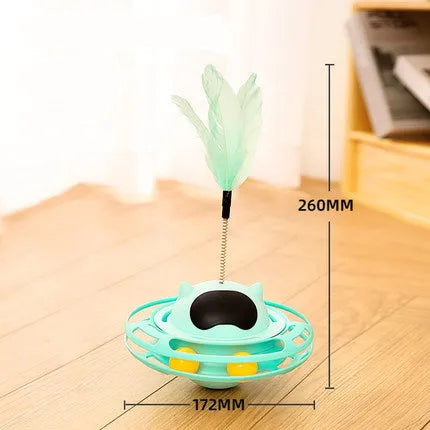 Pink cat tumble turntable toy with attached cat stick for interactive play