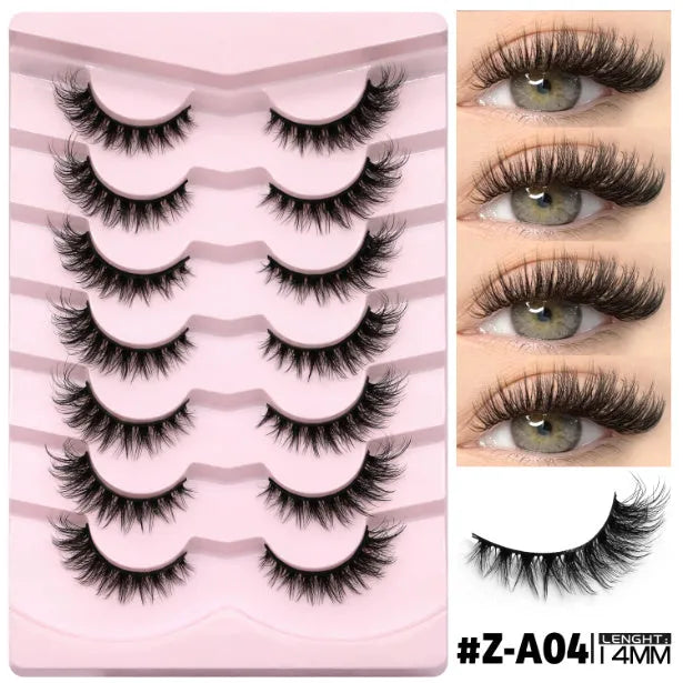 Natural false eyelashes in box with adhesive glue, artificial fibre construction, thick natural long style