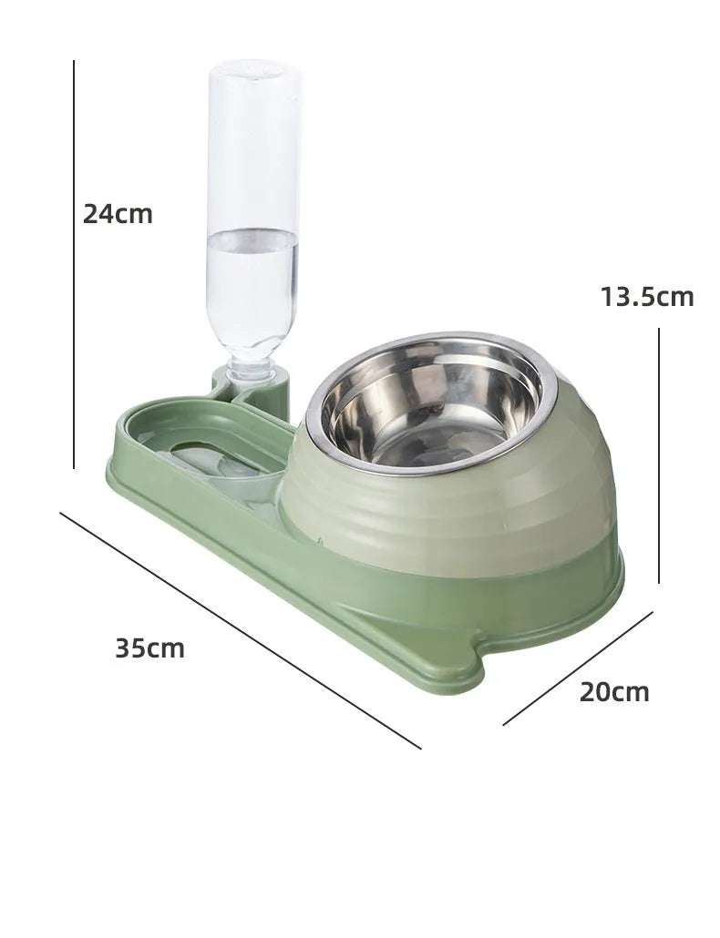 Brown cat food bowl with water dispenser bottle and elevated feeding station