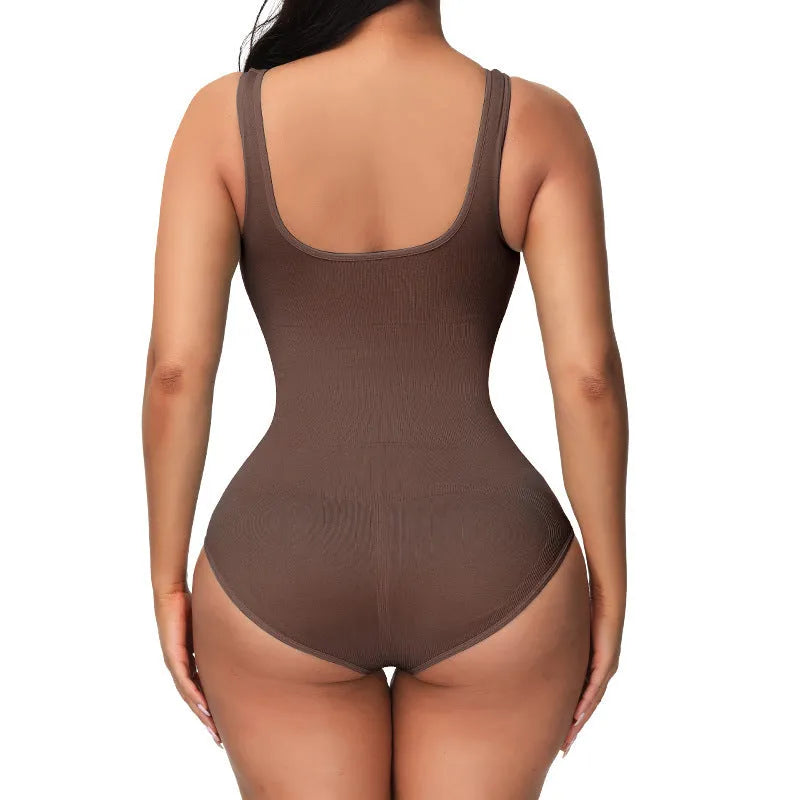 Green seamless women's nylon bodysuit shapewear on a hanger